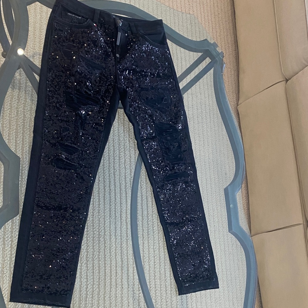 Philip plain Black Sequin distressed Pants